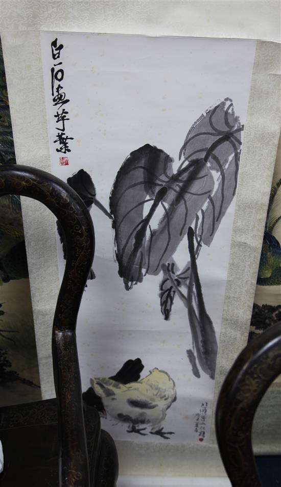 Two Chinese scroll paintings of peacocks, late Qing dynasty,